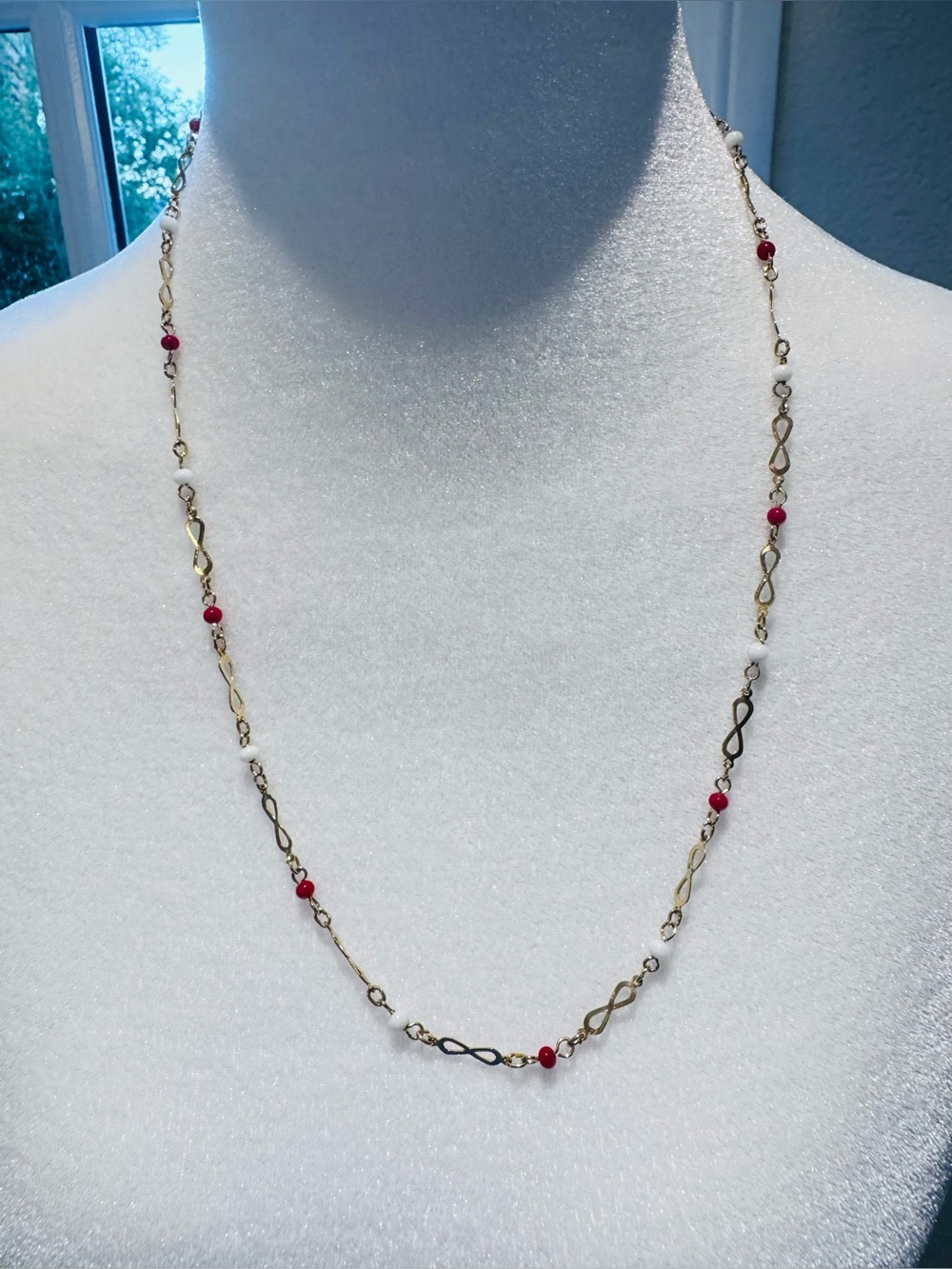 Vintage 20” Gold-Tone Station Chain Necklace Red & White Beads